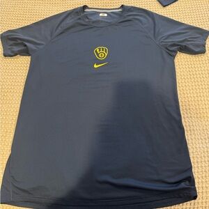Milwaukee Brewers Nike Navy Blue Shirt with Yellow Logo